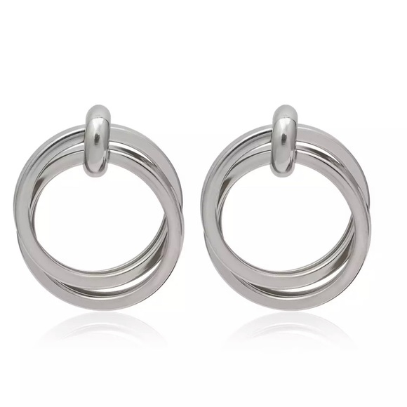 Silver Double Circle Drop Earrings - Picture 4 of 6